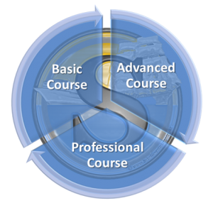 Dreistufiges Kurskonzept mit Basic Course, Advanced Course und Professional Course.