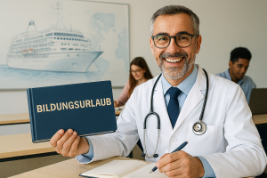 Ein lächelnder Arzt im Klassenzimmer hält ein Buch mit der Aufschrift „Bildungsurlaub“; im Hintergrund sind Lernende und ein nautisches Diagramm eines Kreuzfahrtschiffs zu sehen – Symbol für maritime Medizin und Fortbildung.