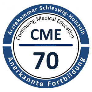 Rundes Logo in blau und weiß mit Schiftzug: Ärztekammer Schleswig-Holstein, anerkannte Fortbildung 70 CME Punkte.